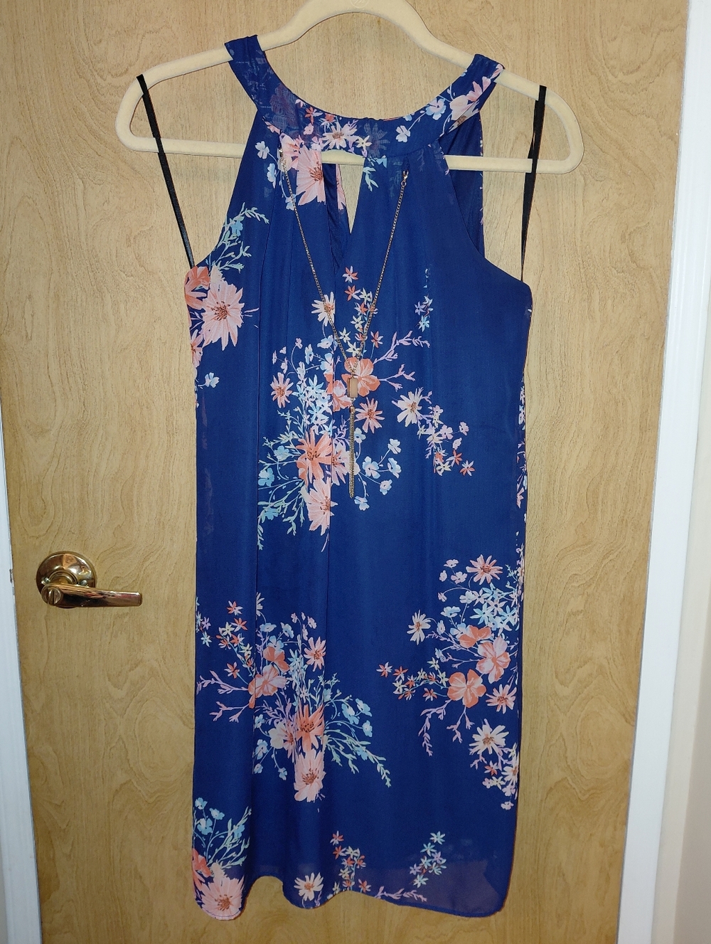 BCX Navy Floral Halter Midi Dress with Pink Accents